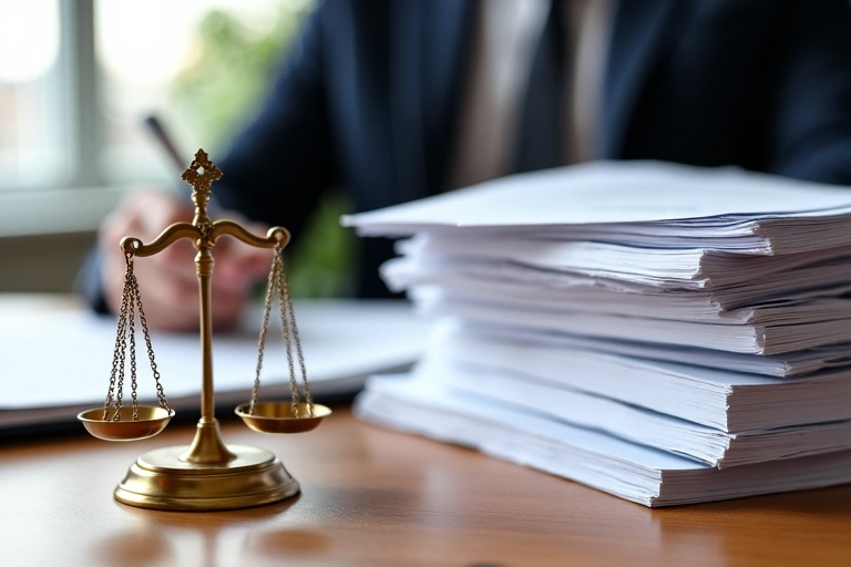 Rechtliche Dokumente und eine Waage, die Gerechtigkeit symbolisiert